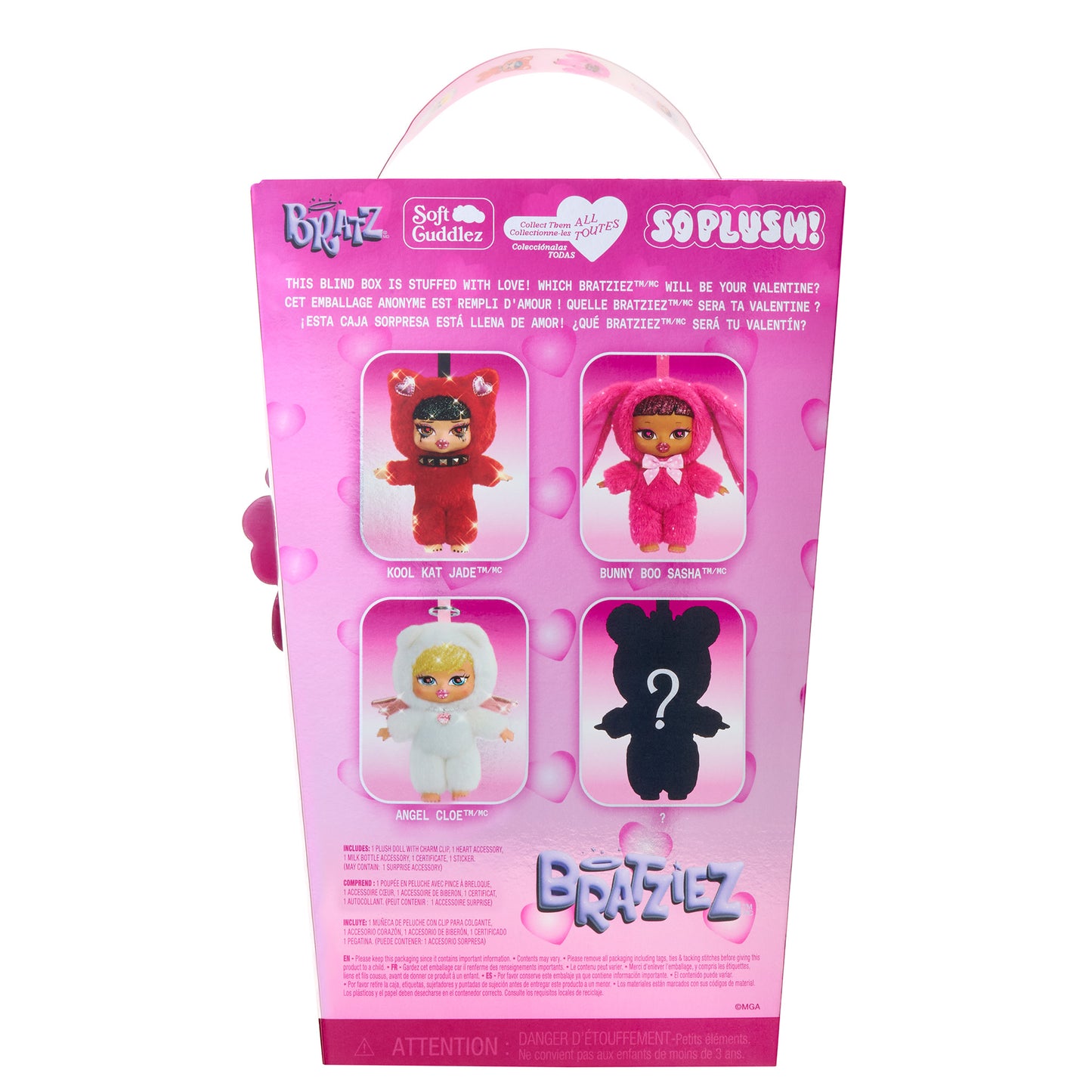 Pink packaging of Bratziez dolls with four different blind dolls inside on a white background