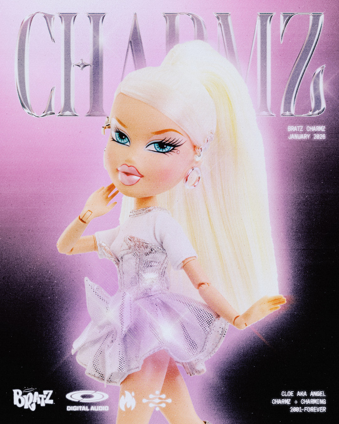 Charmz cloe doll with blonde hair and white dress on a pink background
