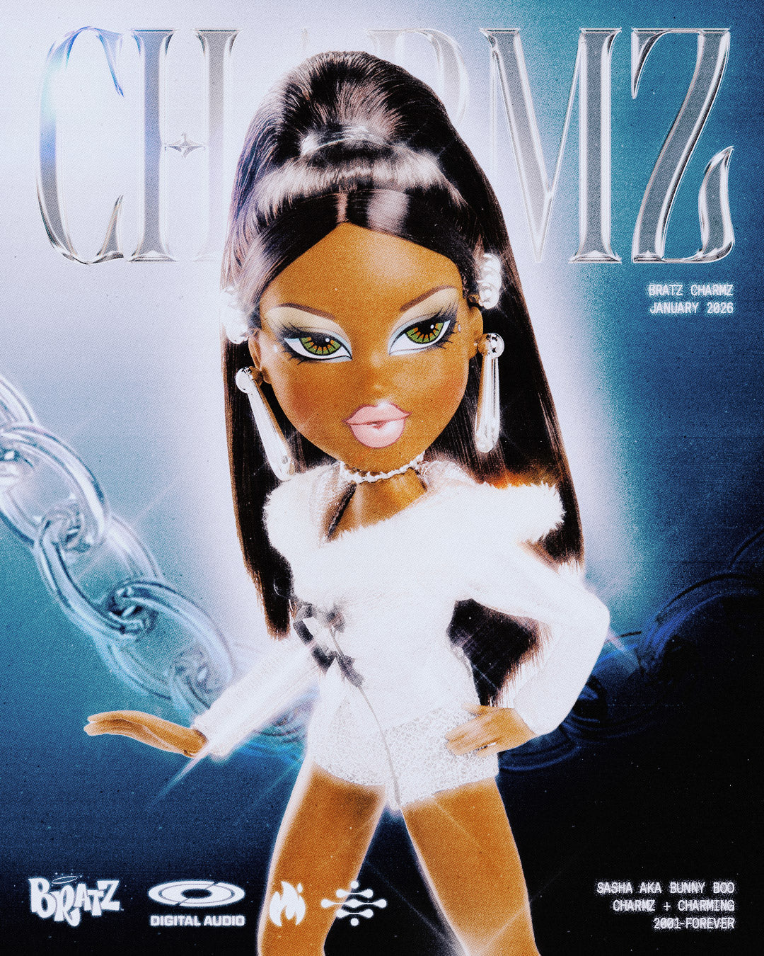 charmz sasha doll with a fur coat on a magazine poster