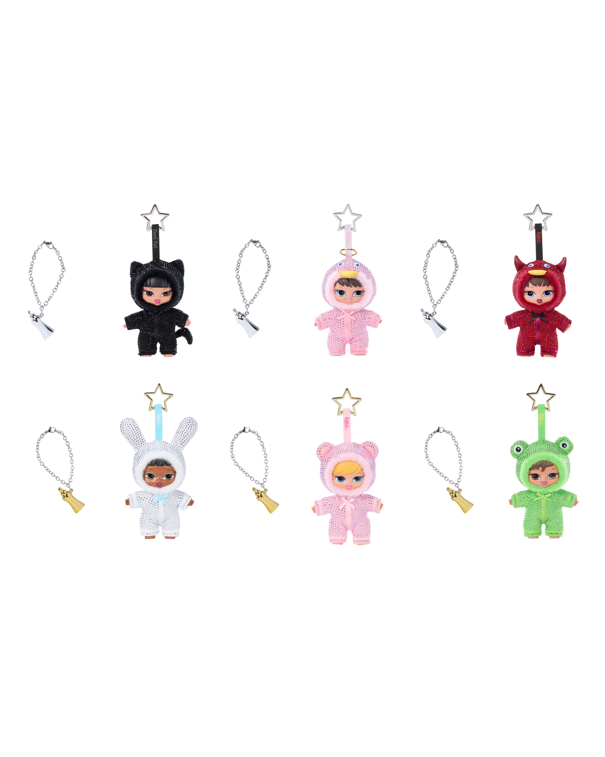 Six bling bratziez character keychain charms arranged 