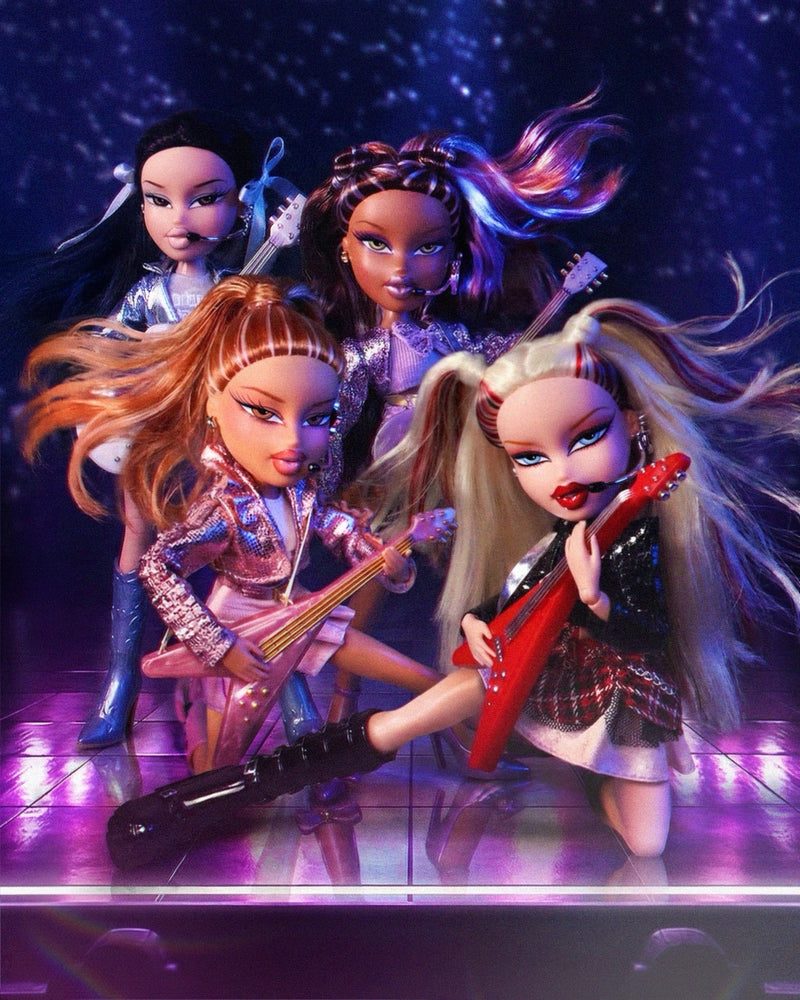 Pop Starz dolls with musical instruments on a stage-like background