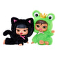 Two dolls, one is a black cat and the other is a green frog  with a crown, on a white background.