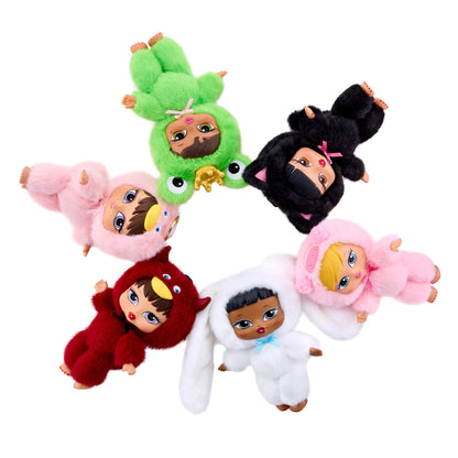 Set of six colorful plush toys in various costumes on a white background