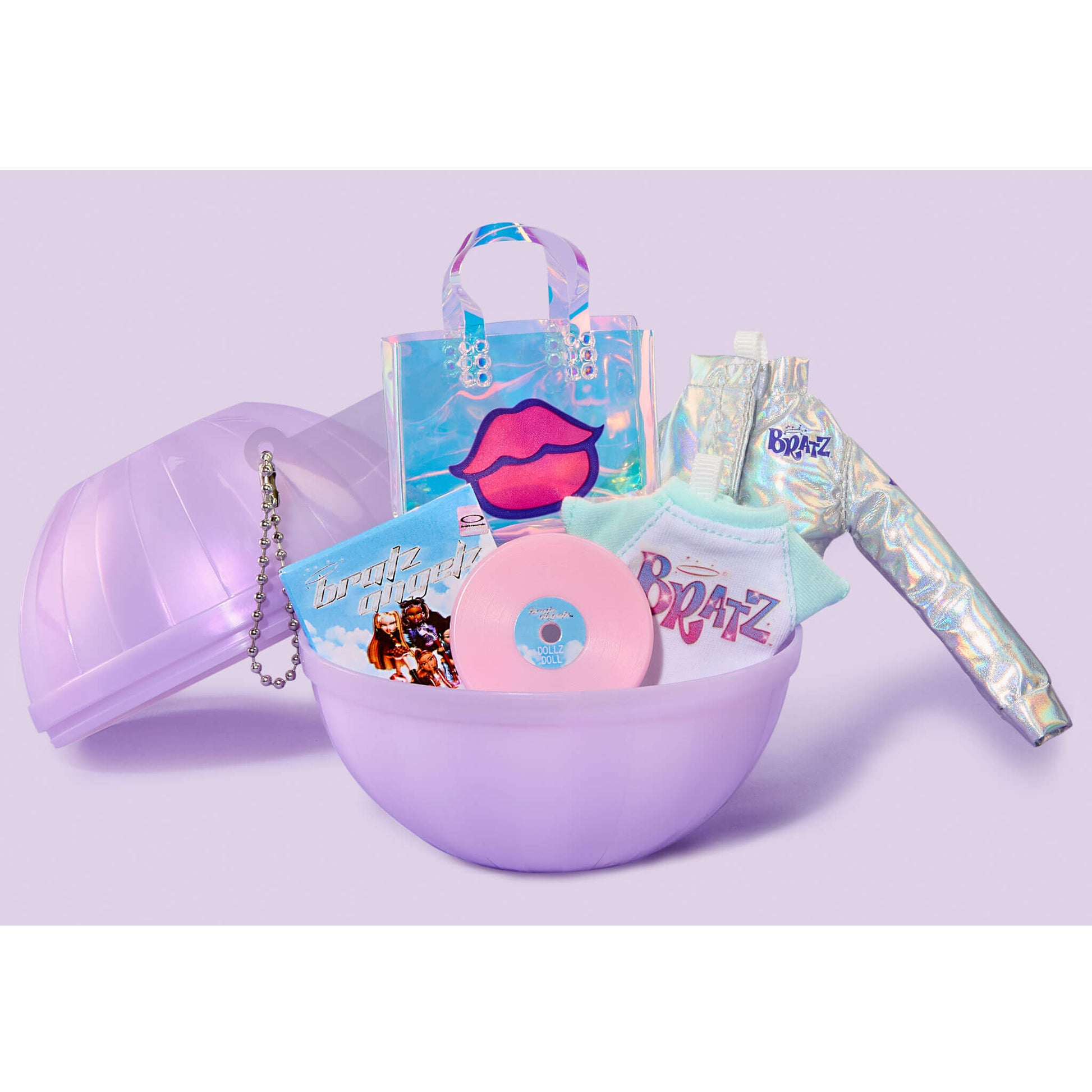 Purple bowl filled with various items on a light purple background.