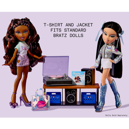 Two Bratz fashion dolls standing by record player with text ‘T-Shirt and Jacket Fits Standard Bratz Dolls’ also ‘Dolls sold Separately’ on a light purple background. 