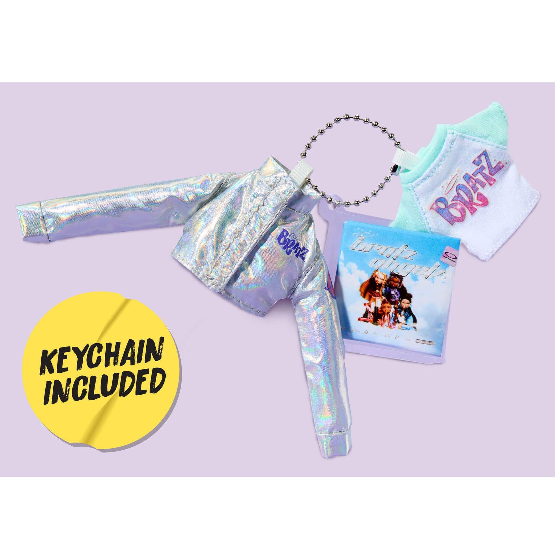 Small character keychain jacket and t-shirt, on a purple background with text ‘Keychain Included’.