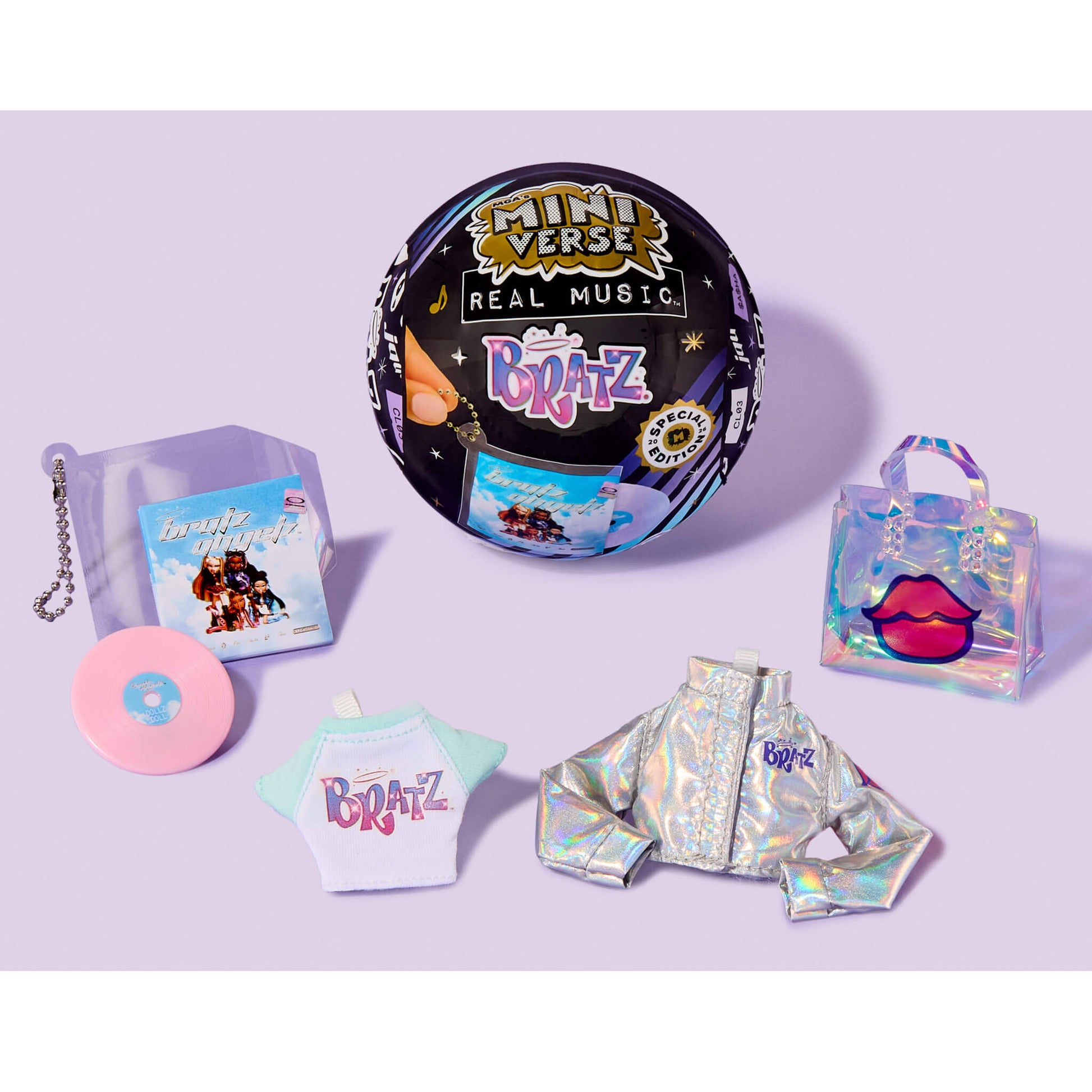 Collection of Bratz merchandise including a vinyl record, t-shirt, and accessories on a purple background.