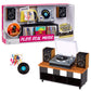 Mini toy record player set with packaging, speakers and a vinyl record on a white background