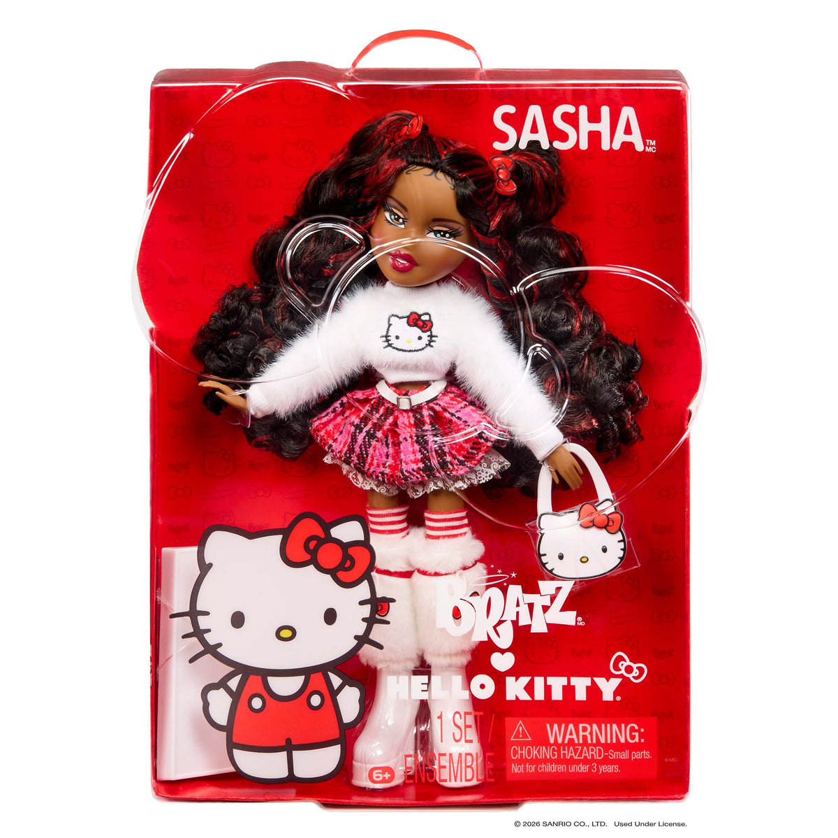 Sasha Bratz x Hello Kitty doll in its original red packaging, featuring a doll with long dark curly hair, a white sweater with a Hello Kitty graphic, a red plaid skirt, and a white Hello Kitty handbag.