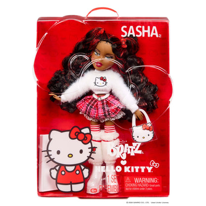 Sasha Bratz x Hello Kitty doll in its original red packaging, featuring a doll with long dark curly hair, a white sweater with a Hello Kitty graphic, a red plaid skirt, and a white Hello Kitty handbag.