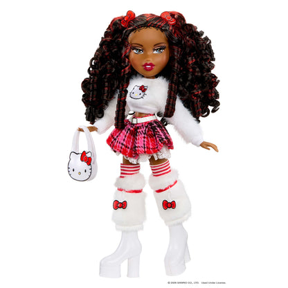 A Bratz Hello Kitty doll with dark curly hair, wearing a white fuzzy sweater, red and black plaid skirt, striped tights, white leg warmers, and white boots, holding a white Hello Kitty handbag against a white background.
