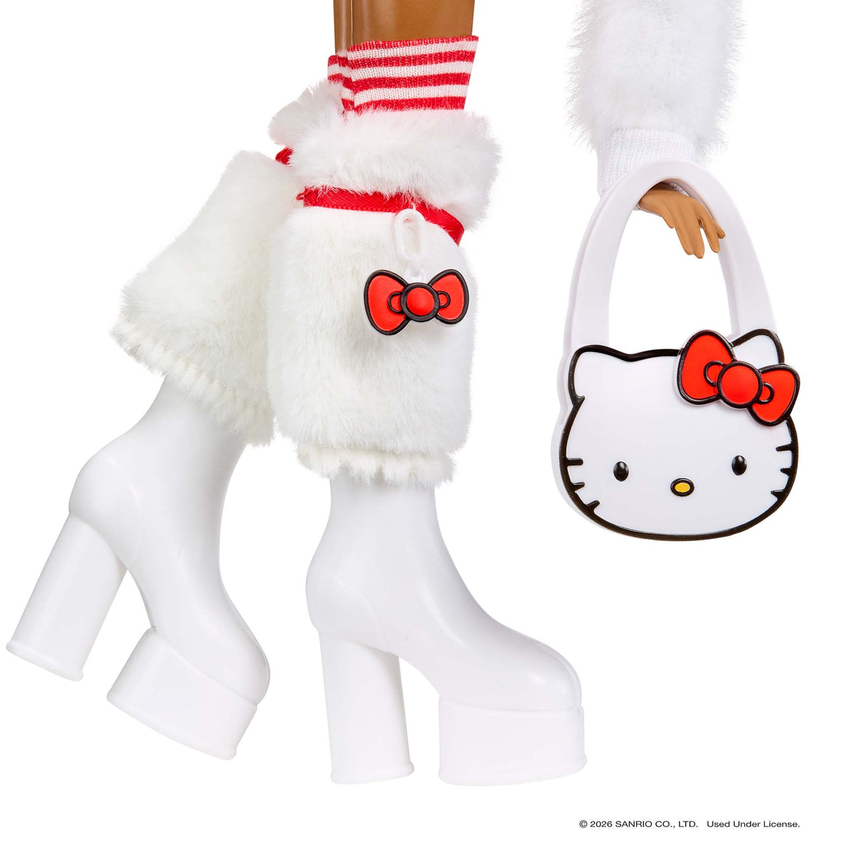 A doll outfit set featuring white platform boots with fluffy white faux-fur cuffs, red and white striped cuffs, and a red bow accent, shown alongside a white Hello Kitty handbag on a white background.