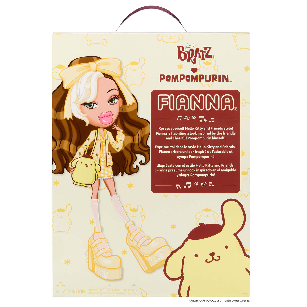 Bratz Pompompurin x Hello Kitty and Friends Fianna collaboration box art packaging, featuring a stylized cartoon Fianna character with long brown hair, yellow outfit, and a Pompompurin bear graphic on a cream background.