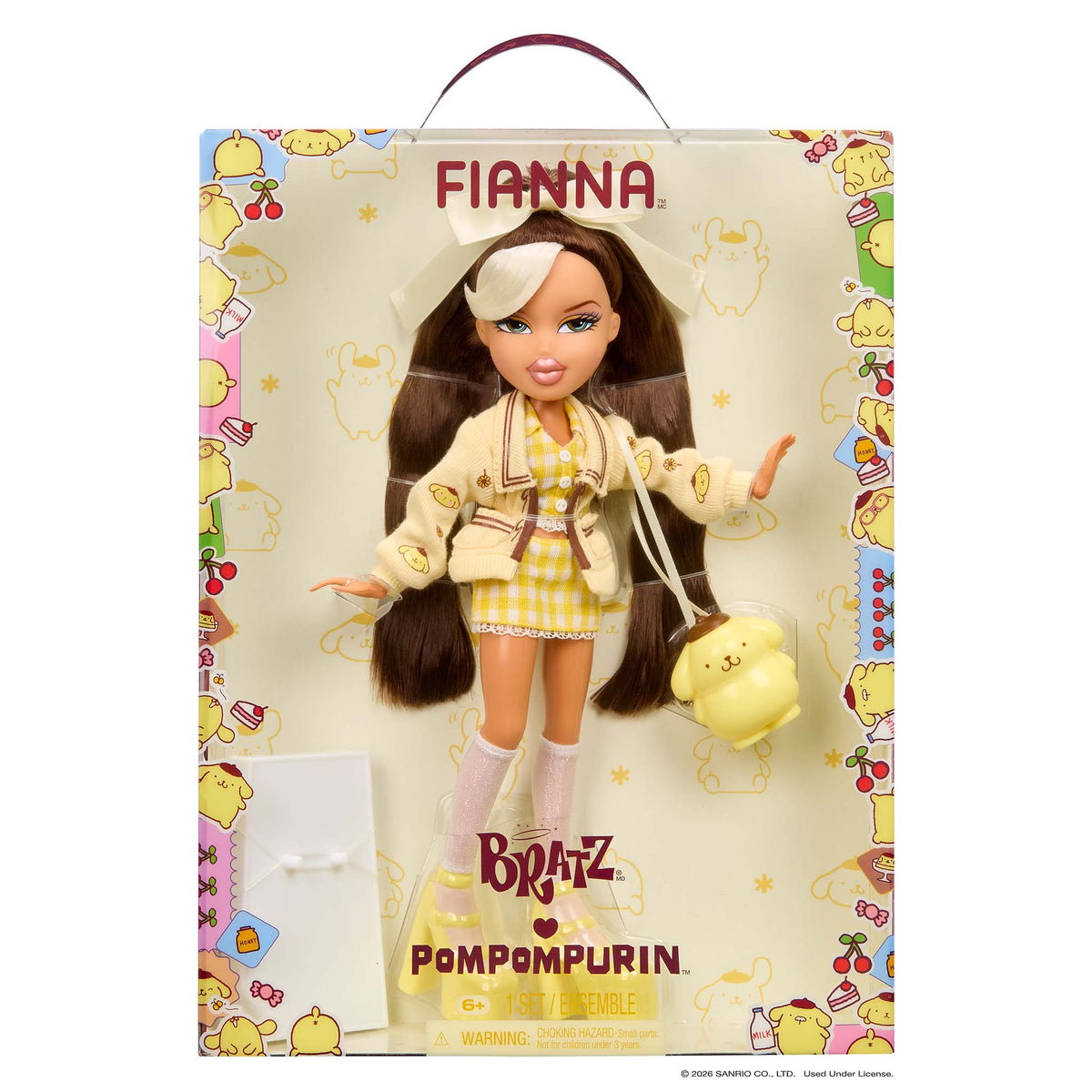 Bratz Fianna Pompompurin doll in its original packaging, featuring a yellow and white checkered outfit, brown hair, and a yellow plush accessory.