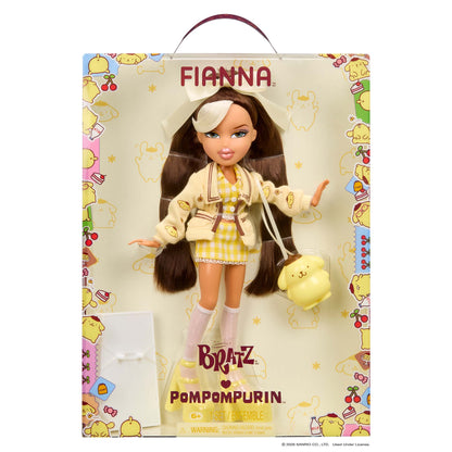 Bratz Fianna Pompompurin doll in its original packaging, featuring a yellow and white checkered outfit, brown hair, and a yellow plush accessory.