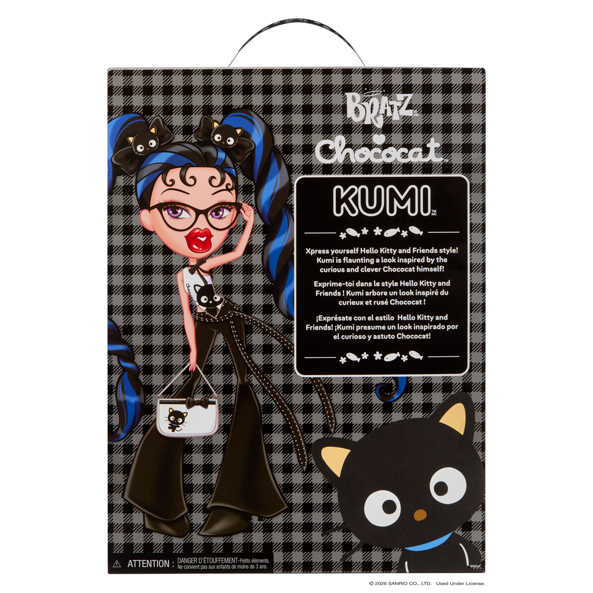 Bratz Chococat Kumi doll packaging box, featuring a stylized illustration of Kumi with blue pigtails, glasses, and a black cat-themed outfit on a black-and-white plaid background, with a large black cat graphic at the bottom right.
