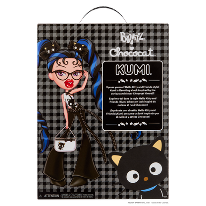 Bratz Chococat Kumi doll packaging box, featuring a stylized illustration of Kumi with blue pigtails, glasses, and a black cat-themed outfit on a black-and-white plaid background, with a large black cat graphic at the bottom right.
