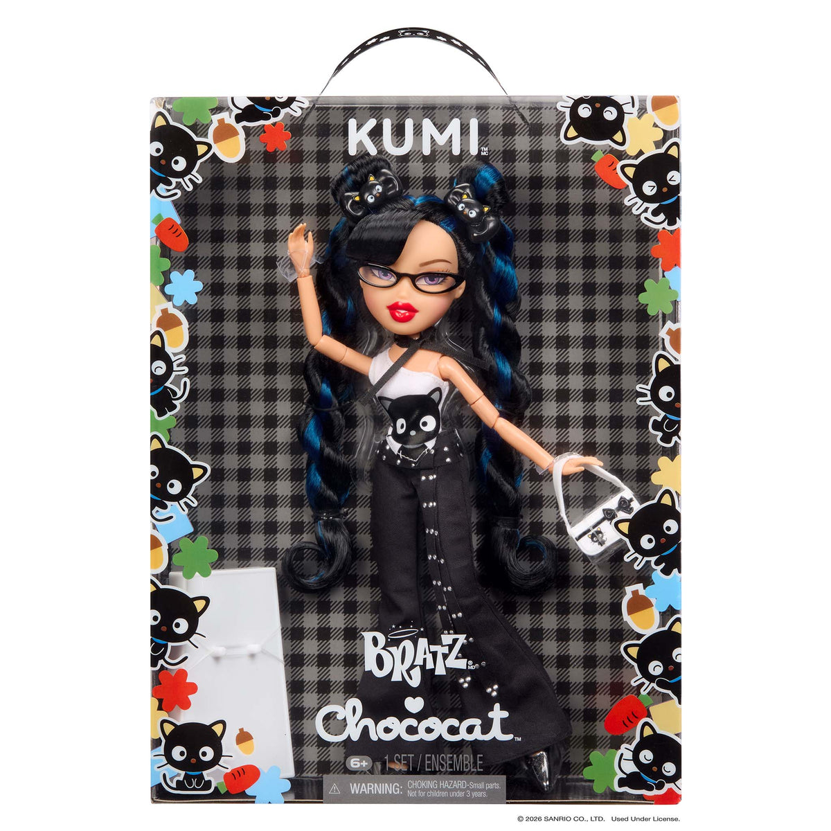 Bratz Chococat Kumi doll in its original retail packaging, featuring a black and gray plaid box with cartoon cat illustrations and the words 'KUMI' and 'Bratz Chococat' printed on the front.