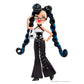 Bratz doll with long black and blue pigtails, wearing black glasses, a black and white top, black flared pants with white star details, and holding a white chococat-themed handbag against a white background.