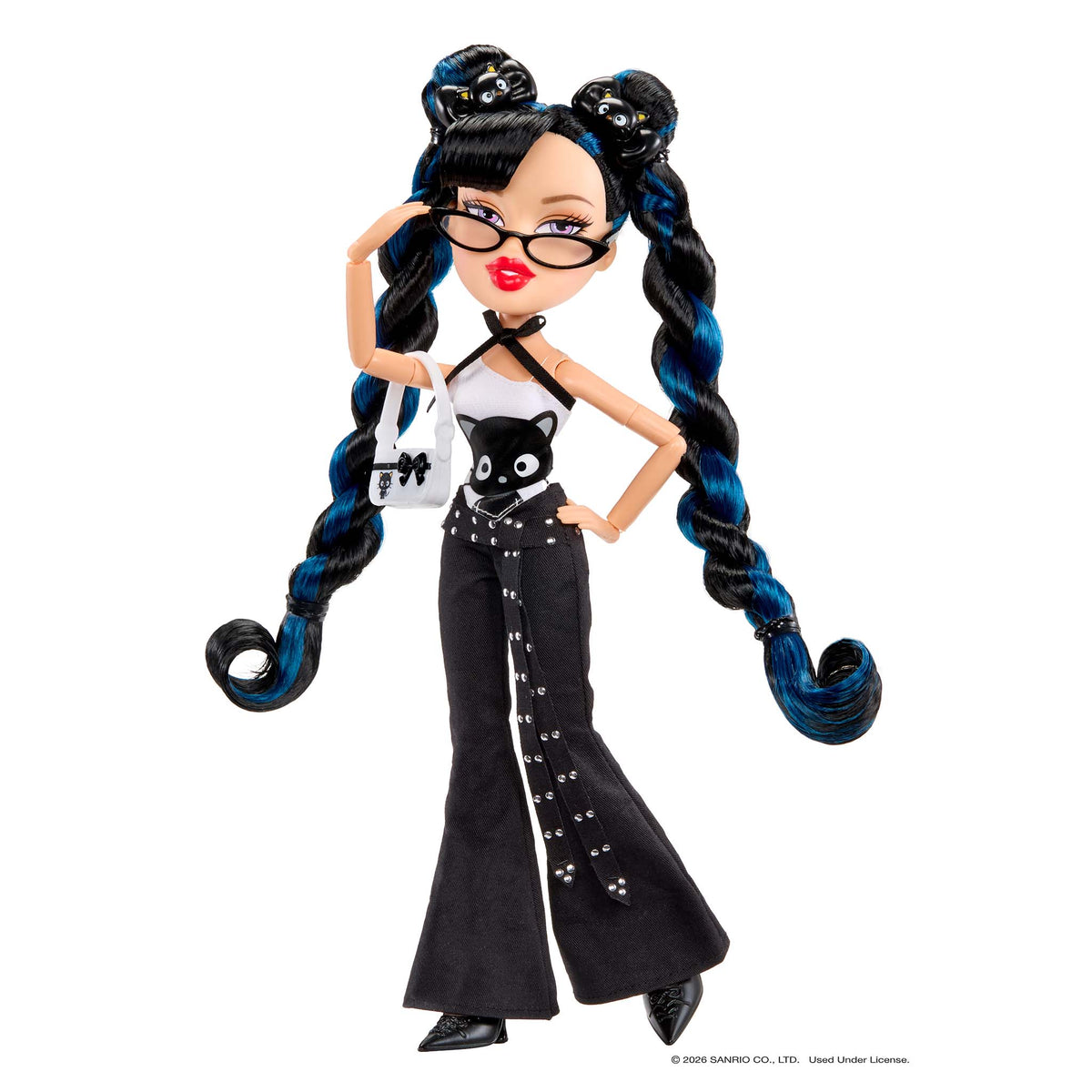 Bratz doll with long black and blue pigtails, wearing black glasses, a black and white top, black flared pants with white star details, and holding a white chococat-themed handbag against a white background.