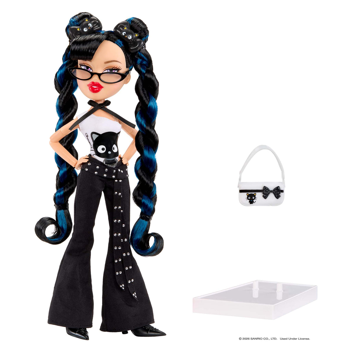 A fashion doll with long black and blue pigtails, glasses, and a black-and-white outfit featuring chococat, shown with a small white handbag and a clear display tray on a white background.