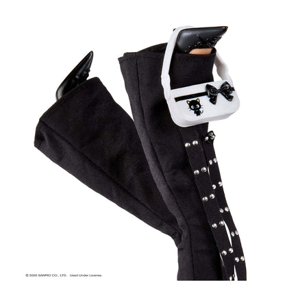 Black flares  with silver rhinestone straps and a white handbag accessory featuring a black bow and Choco cat graphic, shown on a white background.