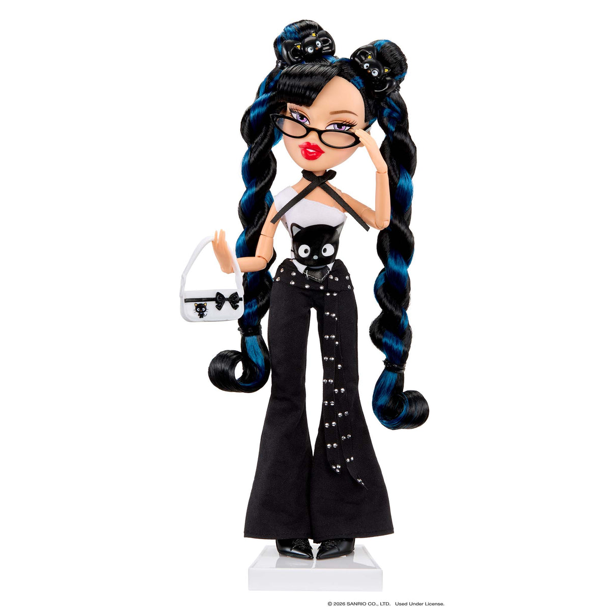 A fashion doll with long black and blue braided hair, wearing a black outfit with silver rhinestone details, black glasses, and holding a small white handbag with a black cat motif, shown on a white background.