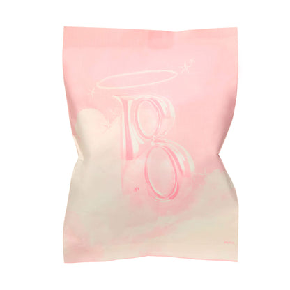 Pink and white blind package with a circular design on a white background