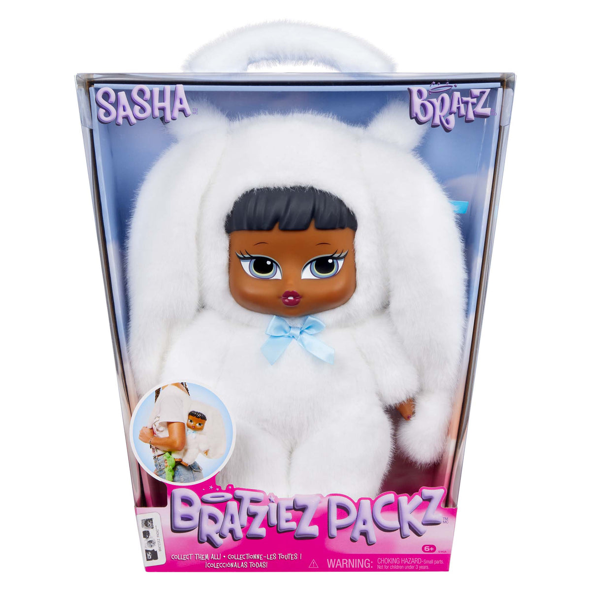 bratziez packz backpack sasha white fuzzy fur rabbit front packpaging