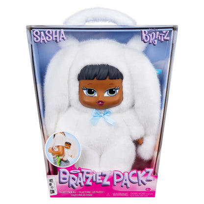 bratziez packz backpack sasha white fuzzy fur rabbit front packpaging