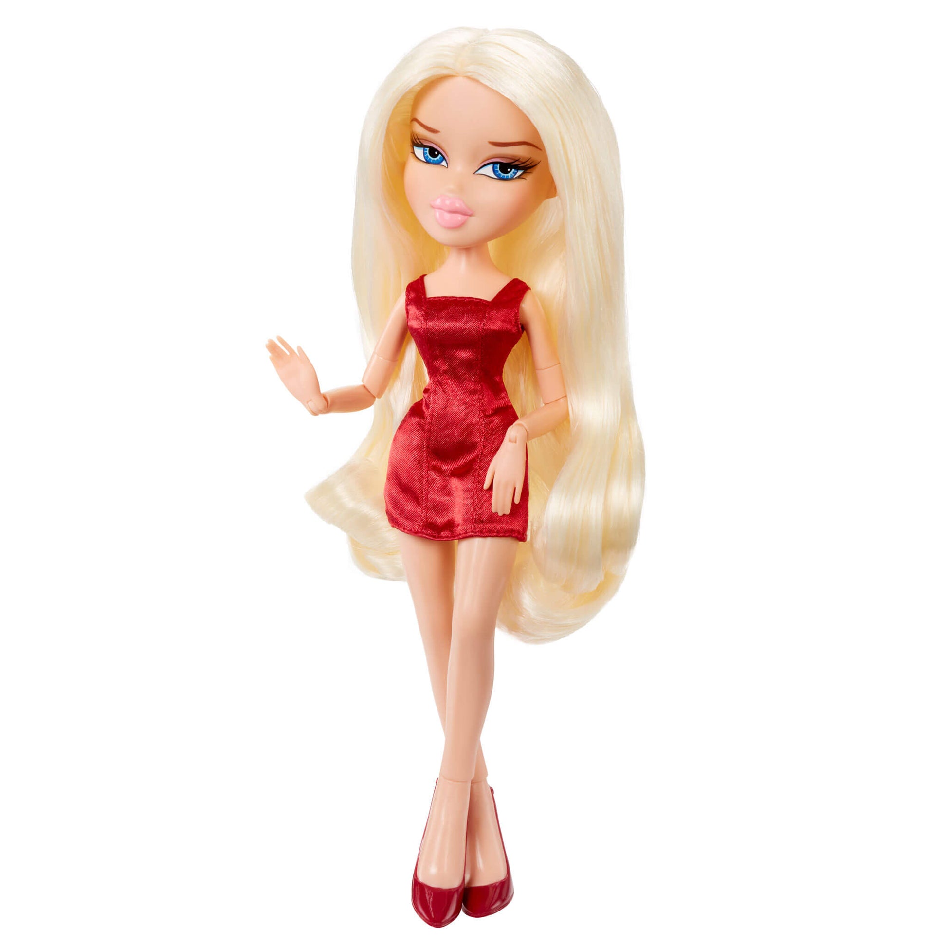Doll with long blonde hair wearing a red dress 