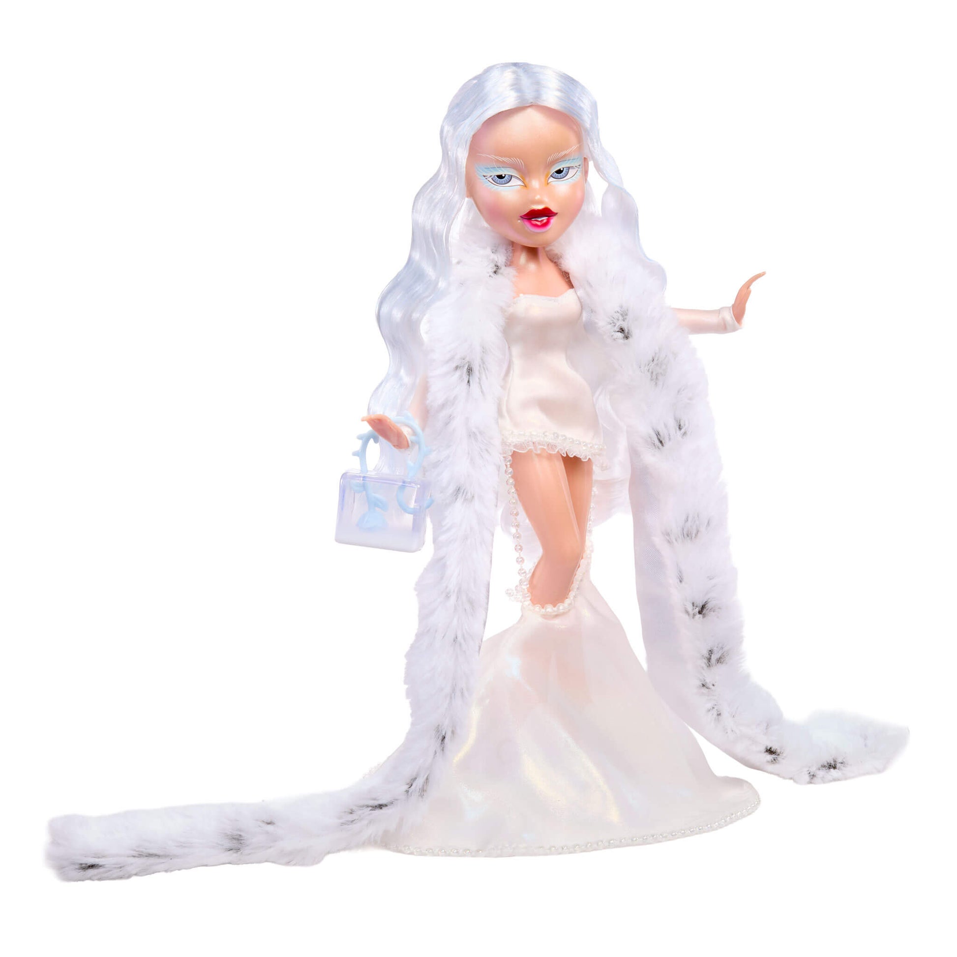 Bratz doll with white scarf and long white hair on a white background