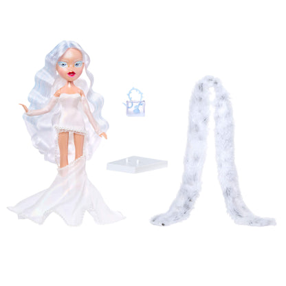 Doll with white dress with accessories on a white background