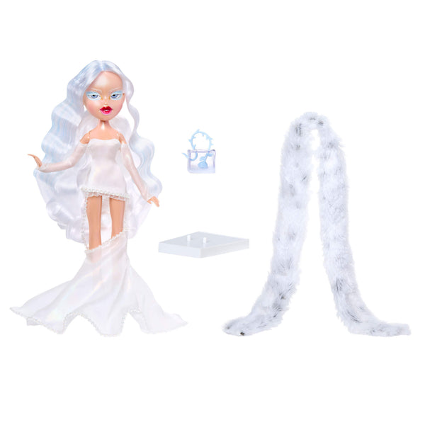 Doll with white dress with accessories on a white background