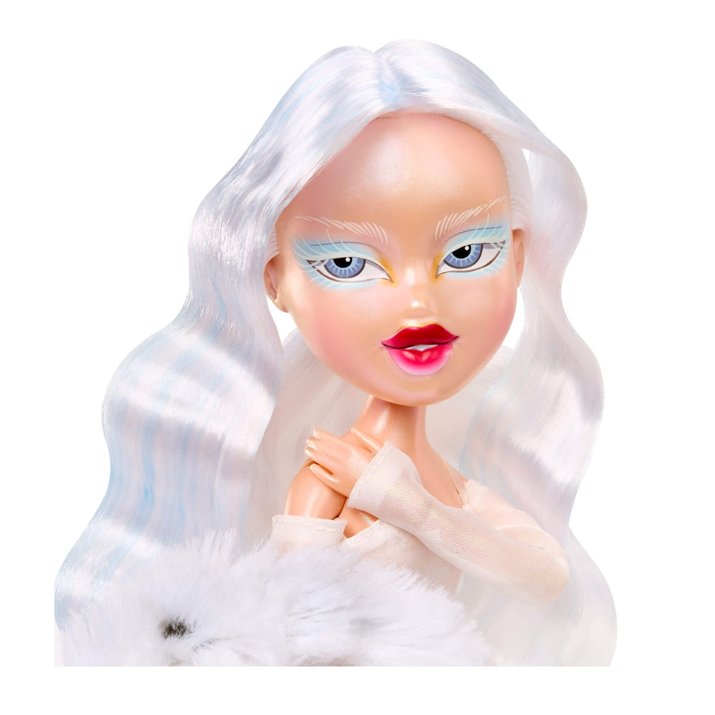 doll with white hair and blue eyes on a white background