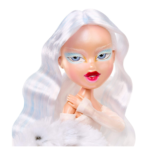 doll with white hair and blue eyes on a white background