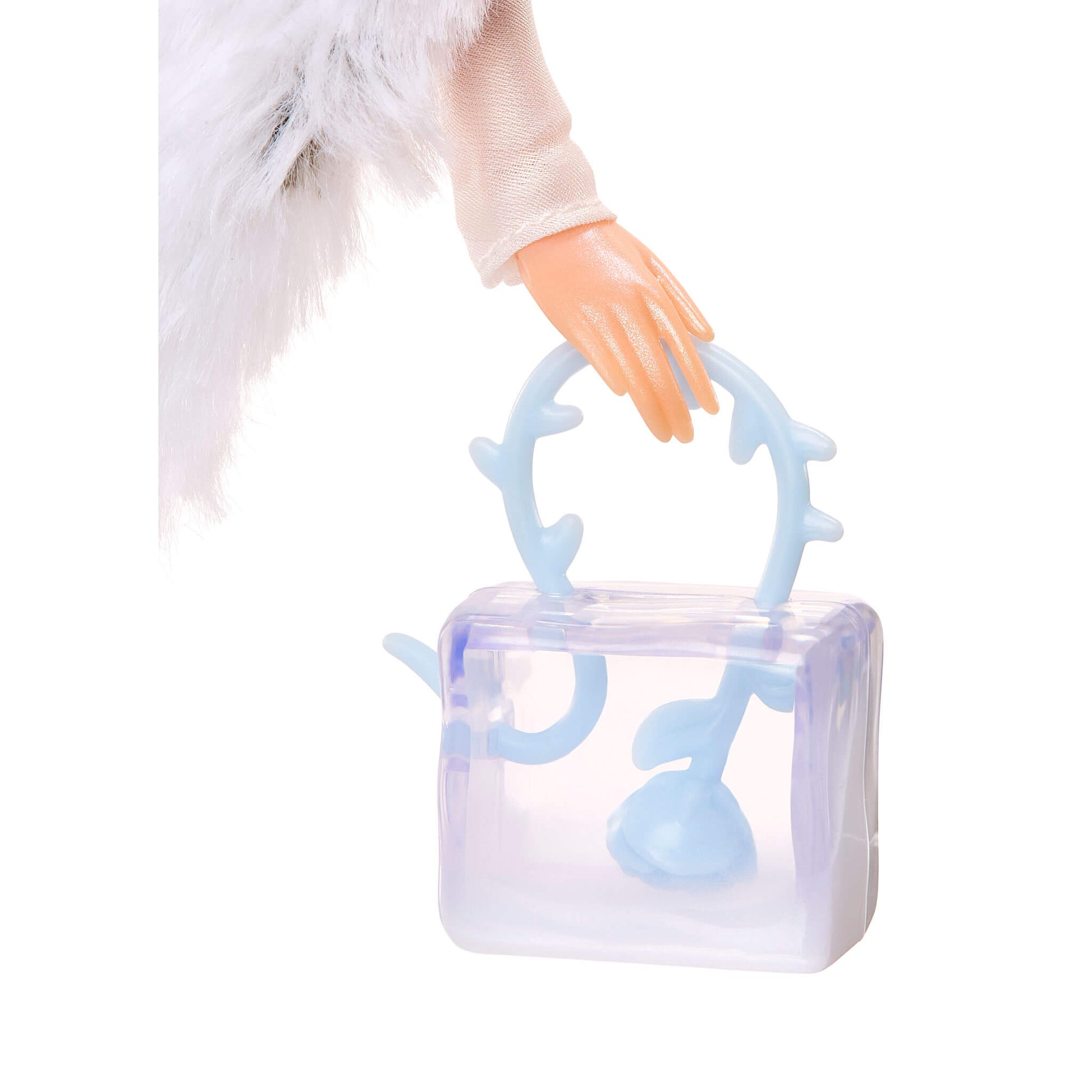 Clear purse with baby blue held by doll hand wearing a white coat.