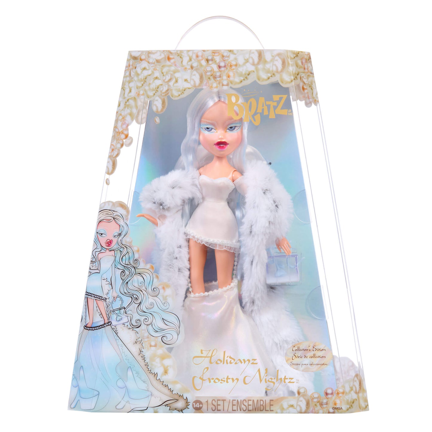 Bratz doll in a white dress with a white cape in a decorative packaging on a white background