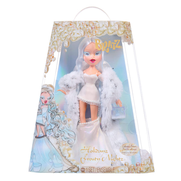Bratz doll in a white dress with a white cape in a decorative packaging on a white background