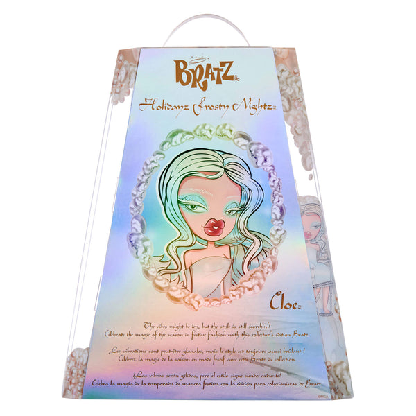 Bratz doll packaging with character illustration and text on a pastel background