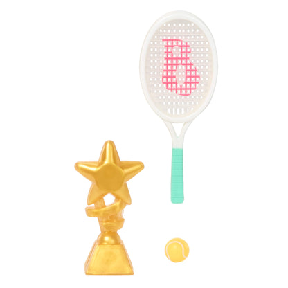 Tennis racket with pink letter 'B', gold star trophy, and yellow ball 