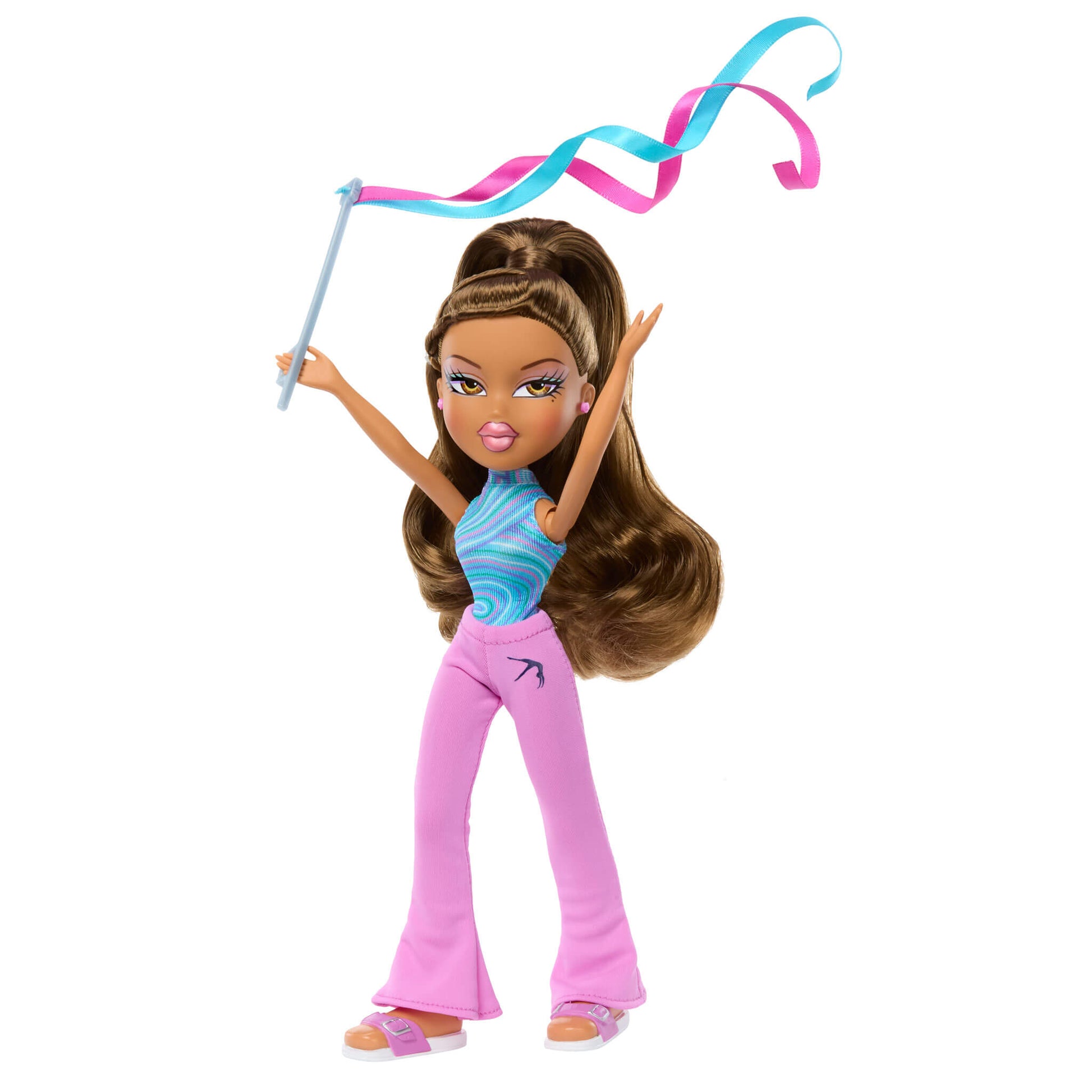 Toy doll with long brown hair, blue top, pink pants, and ribbon baton