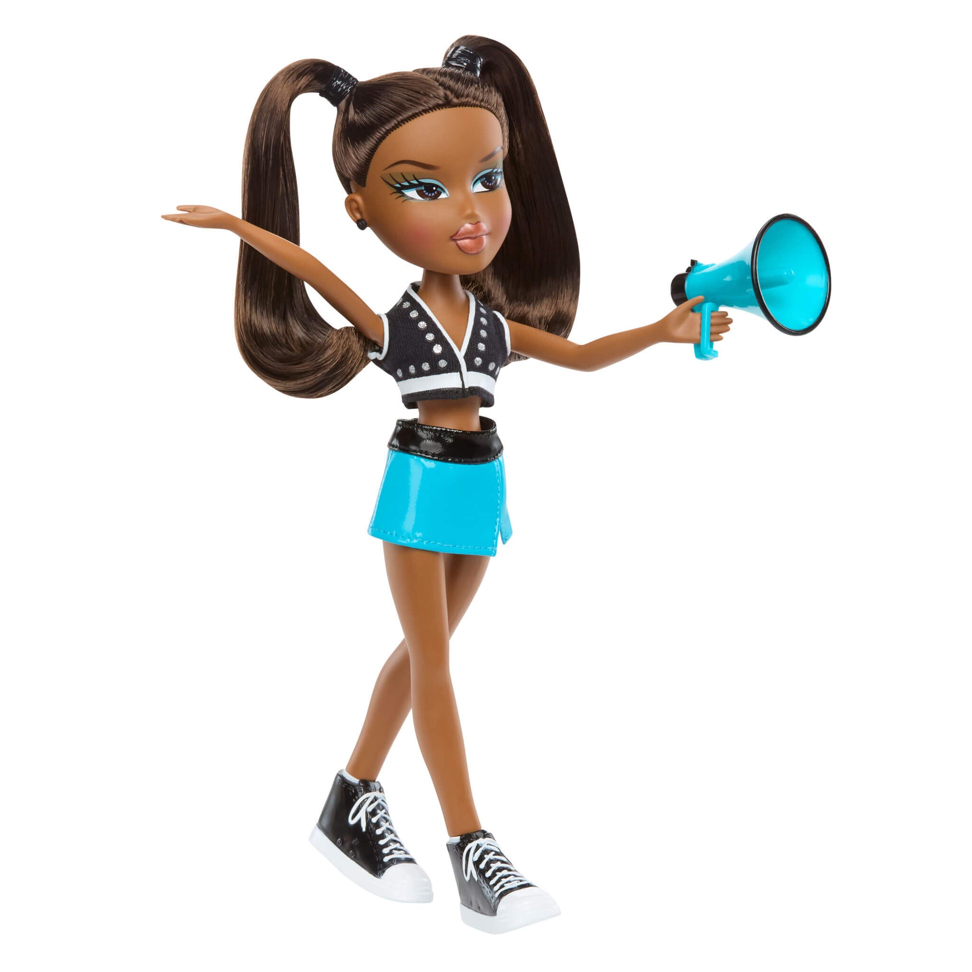 Sasha with brown hair in pigtails, wearing a black and white top and blue skirt, holding a blue megaphone 