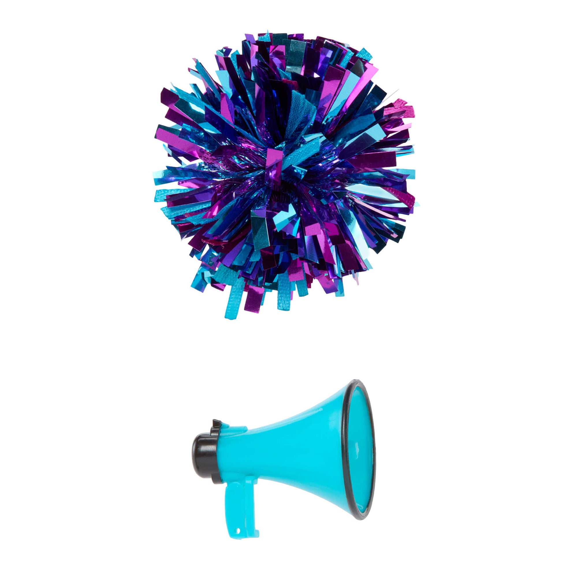 Turquoise megaphone with a purple and blue pom-pom