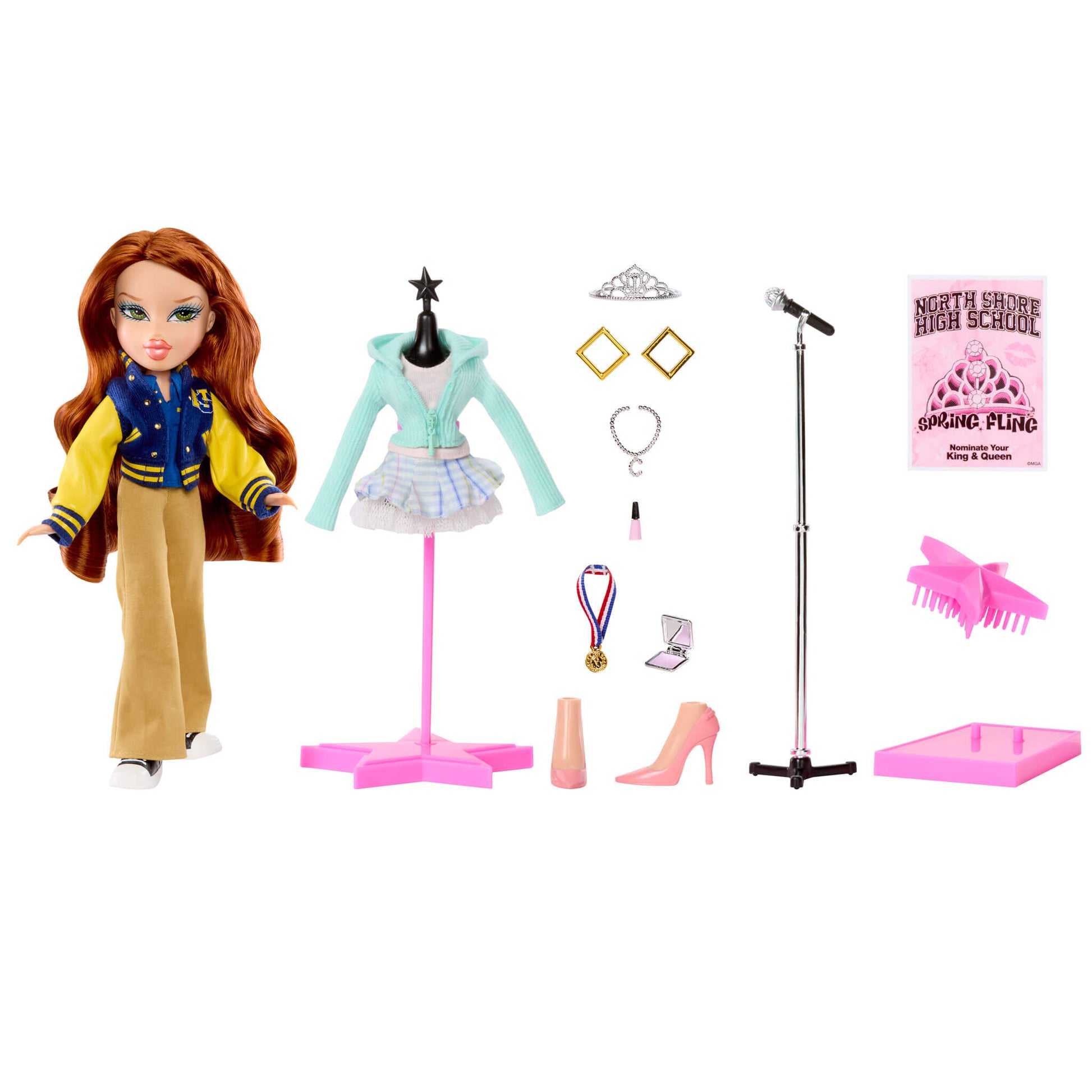 Doll with accessories including a microphone, stand, and clothing items on a white background