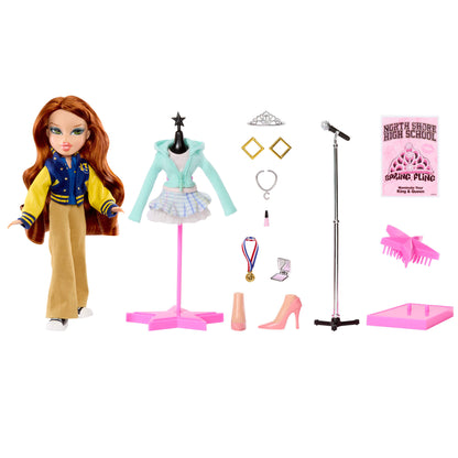 Doll with accessories including a microphone, stand, and clothing items on a white background