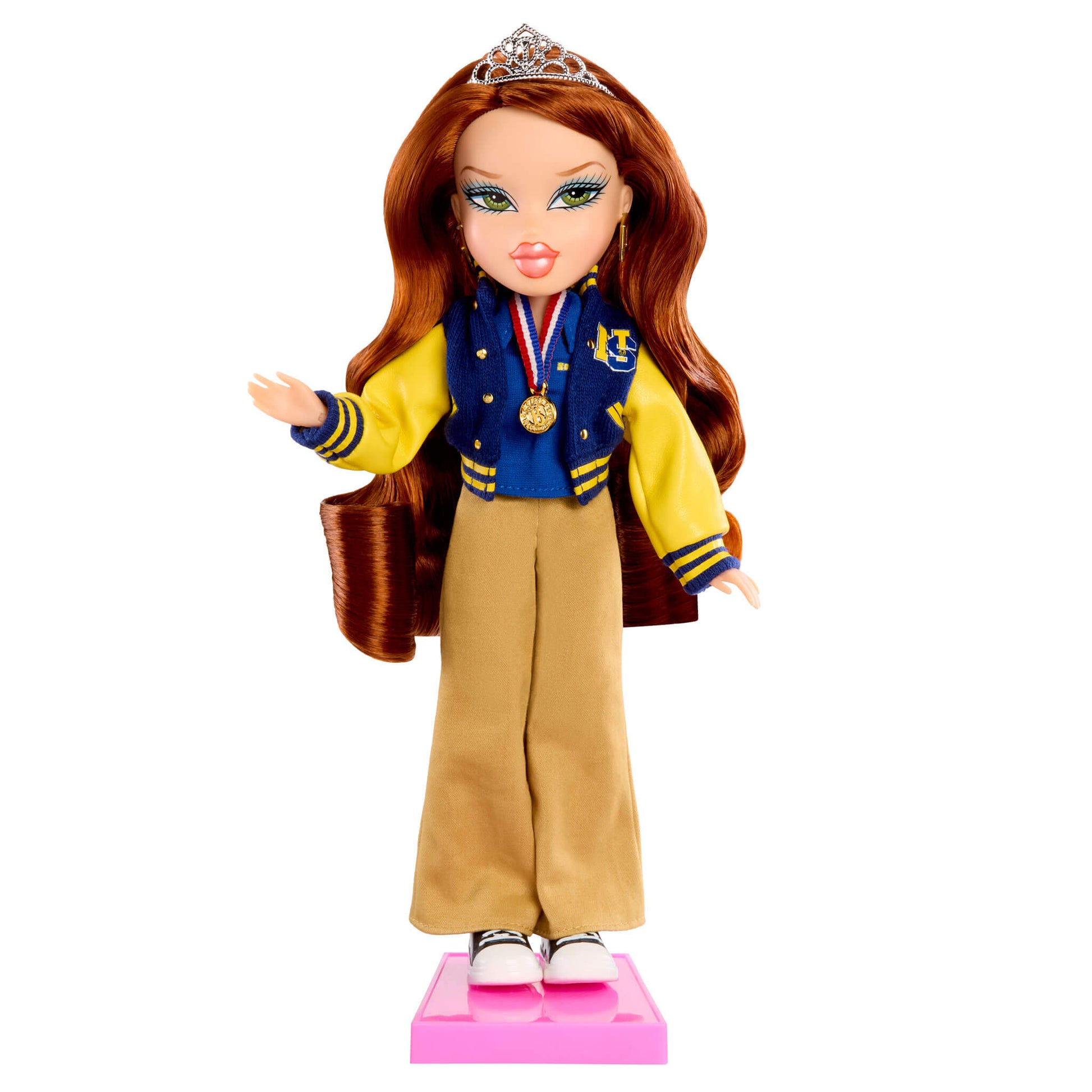 Doll in varsity jacket on a doll stand on a white background