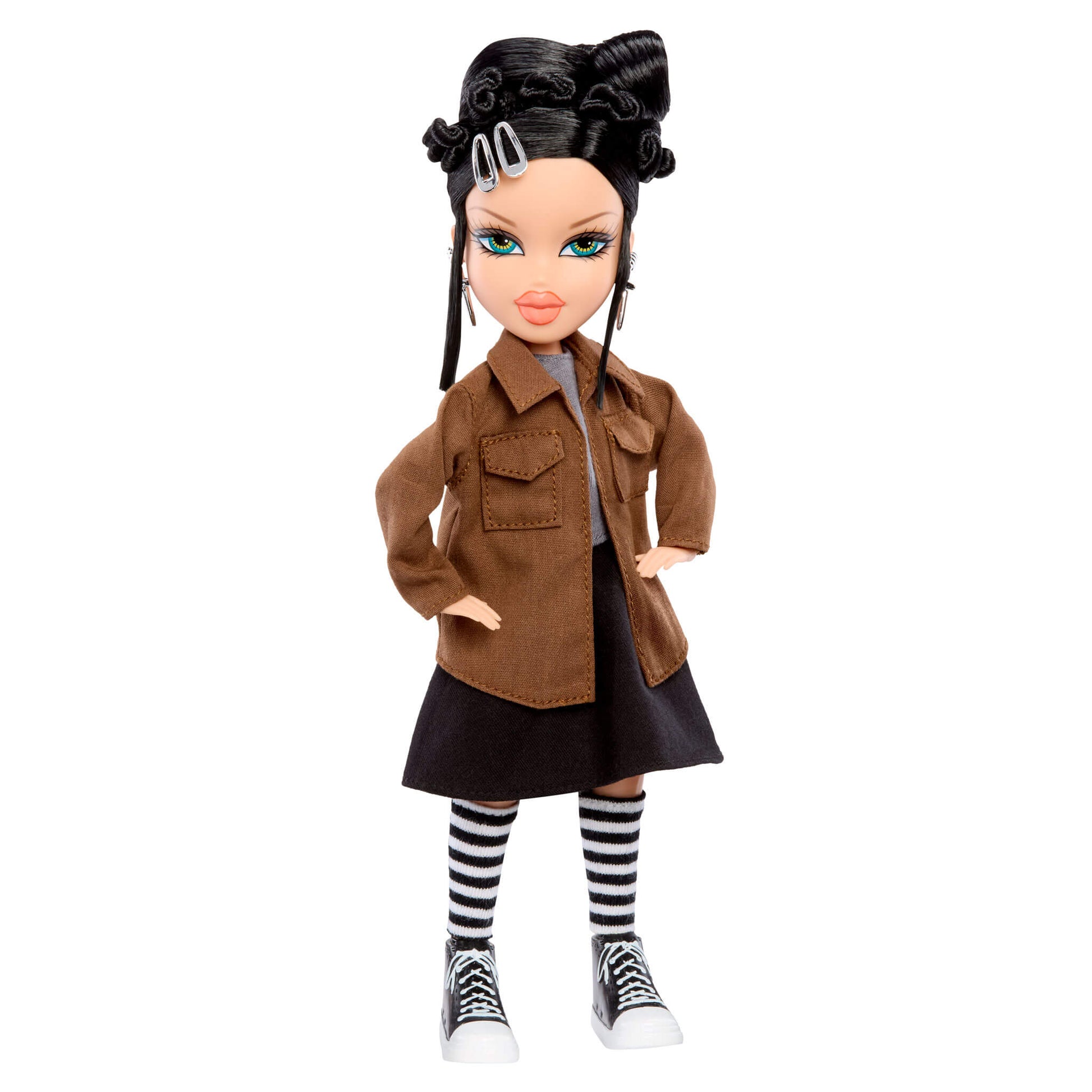 Doll with brown jacket and black skirt on a white background