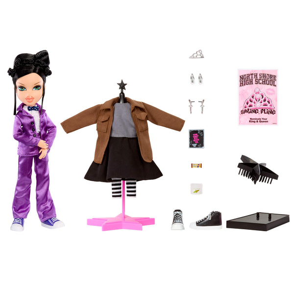 Doll with purple outfit and accessories including a coat, skirt, shoes, and hair items on a white background.