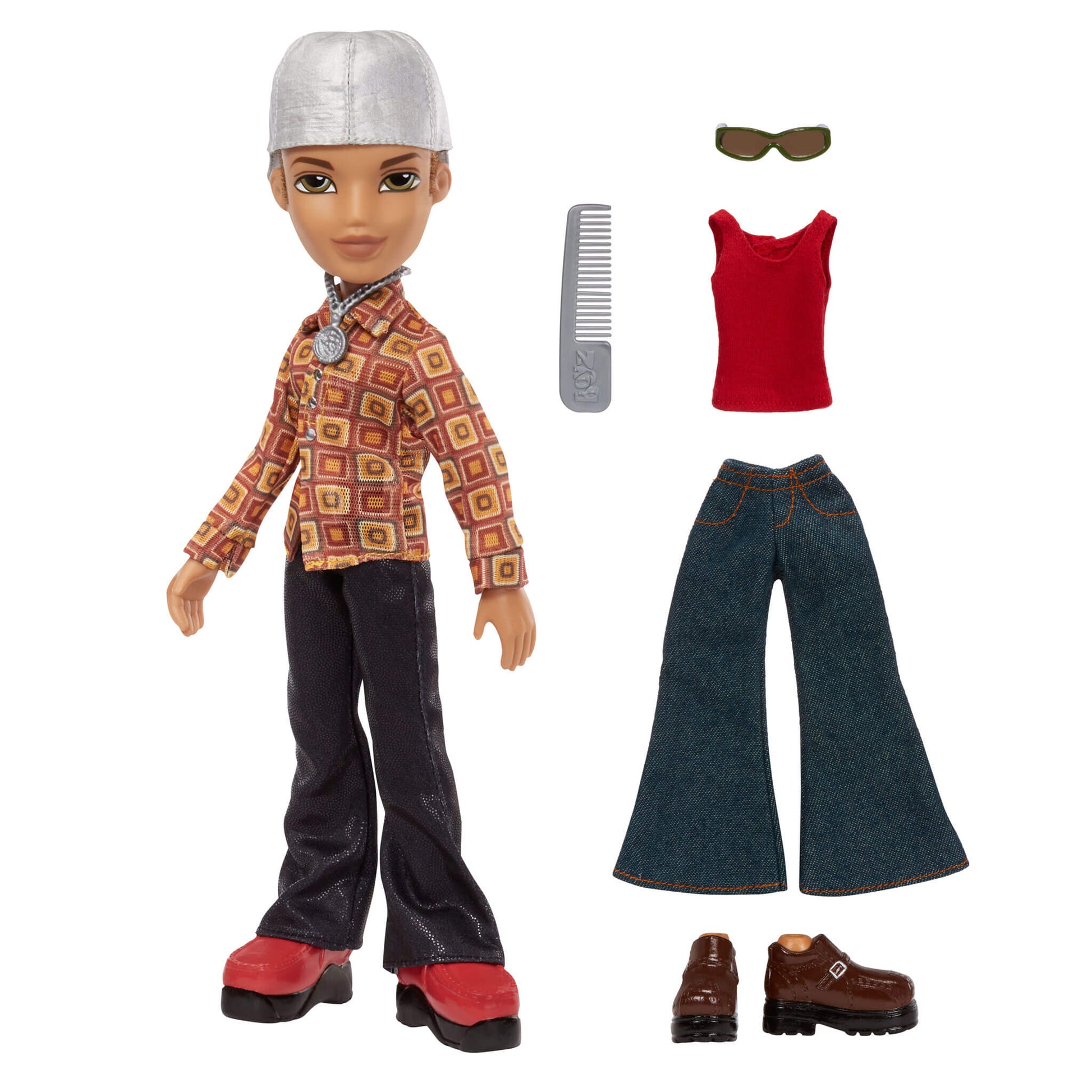 Toy boy doll with accessories including clothing and shoes on a white background